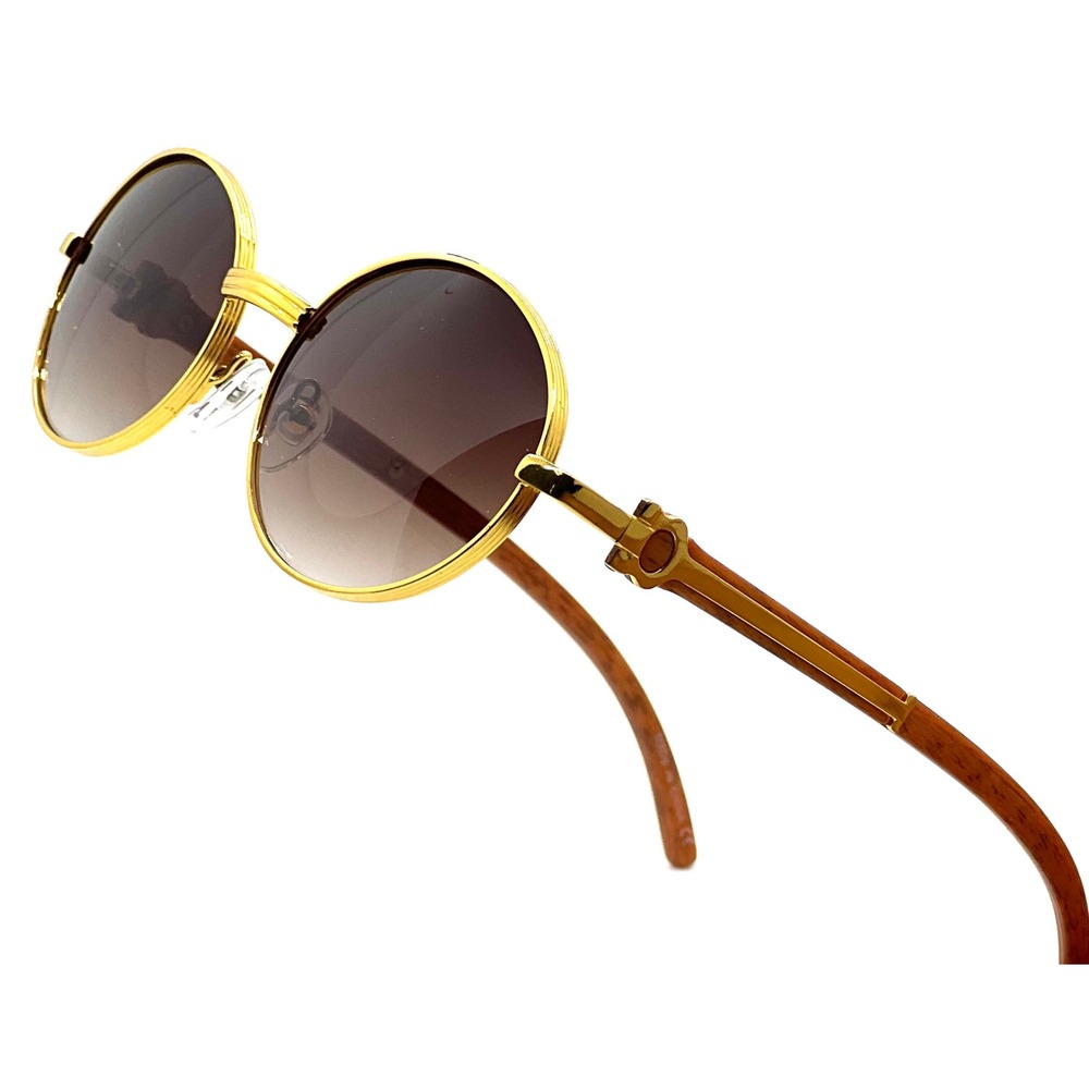 Round Sunglasses Gold Frame Brown Gradient Lens Wood Arms Men's Shades‎ Hip Hop